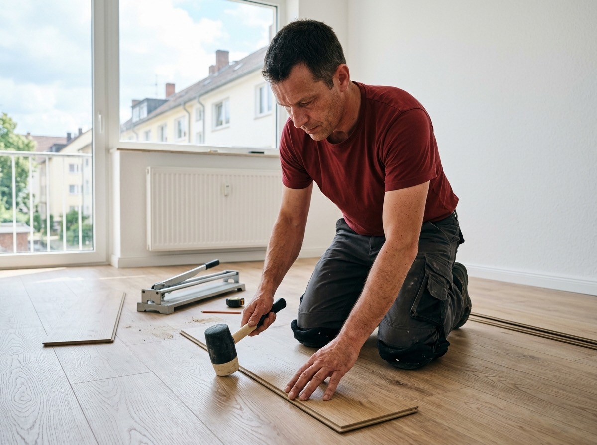 Handwerker verlegt Vinylboden bei einer Wohnungssanierung in Kassel