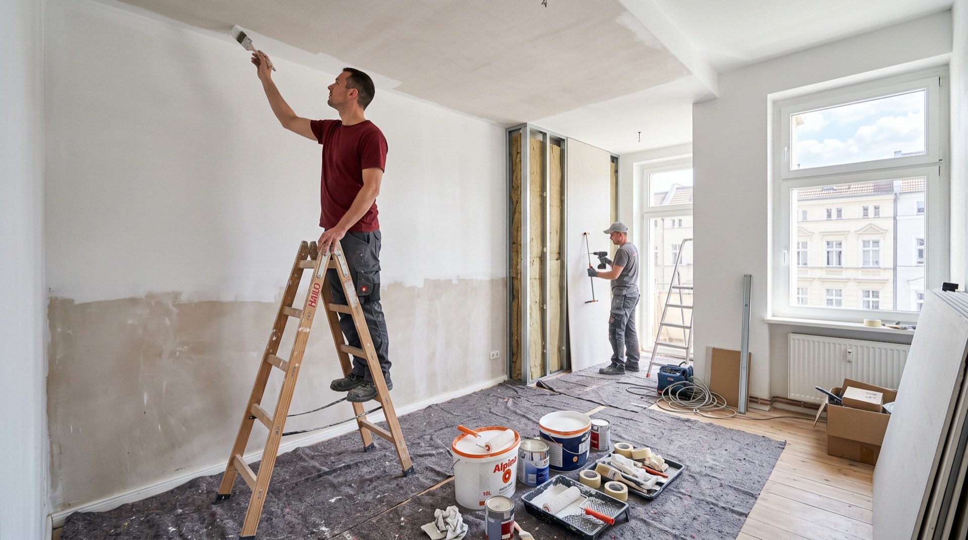 Maler streicht Decke bei einer Wohnungsrenovierung
