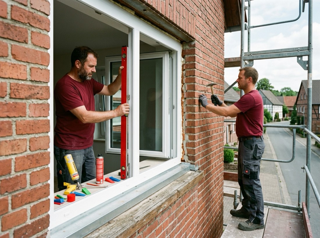 Zwei Handwerker setzen ein neues Fenster ein